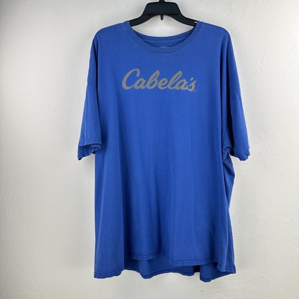 Cabelas Mens Adult 2XL BLUE Cotton Short Sleeve T Shirt Outdoors Logo Front